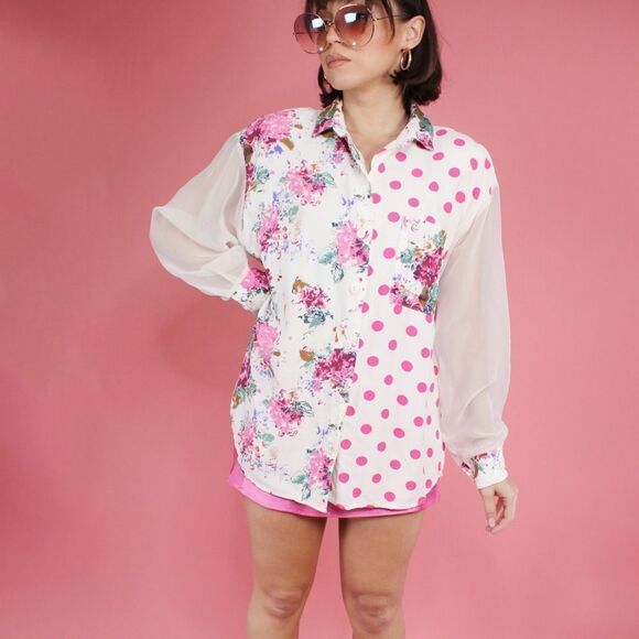 Vintage 80's Erica Simmone Sheer Sleeves Pink and White Button Down - Picture 5 of 7